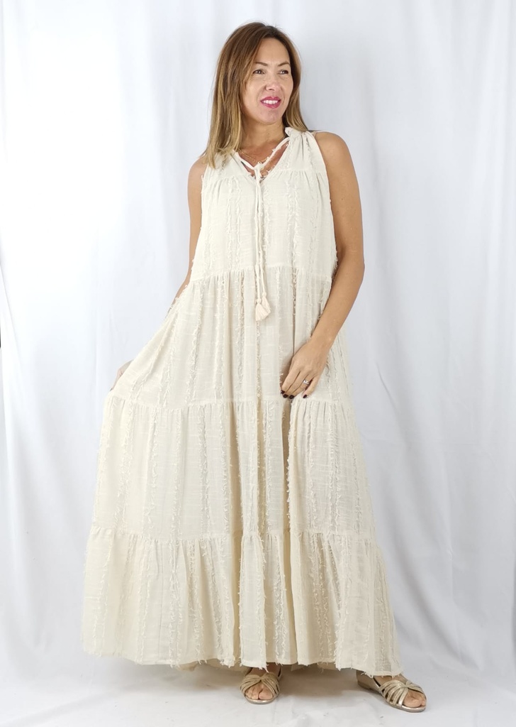 ZOE-JHANA-POMPOM MAXI DRESS (BEIGE)