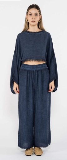 TU-LINEN NAVY CROP BLOUSE